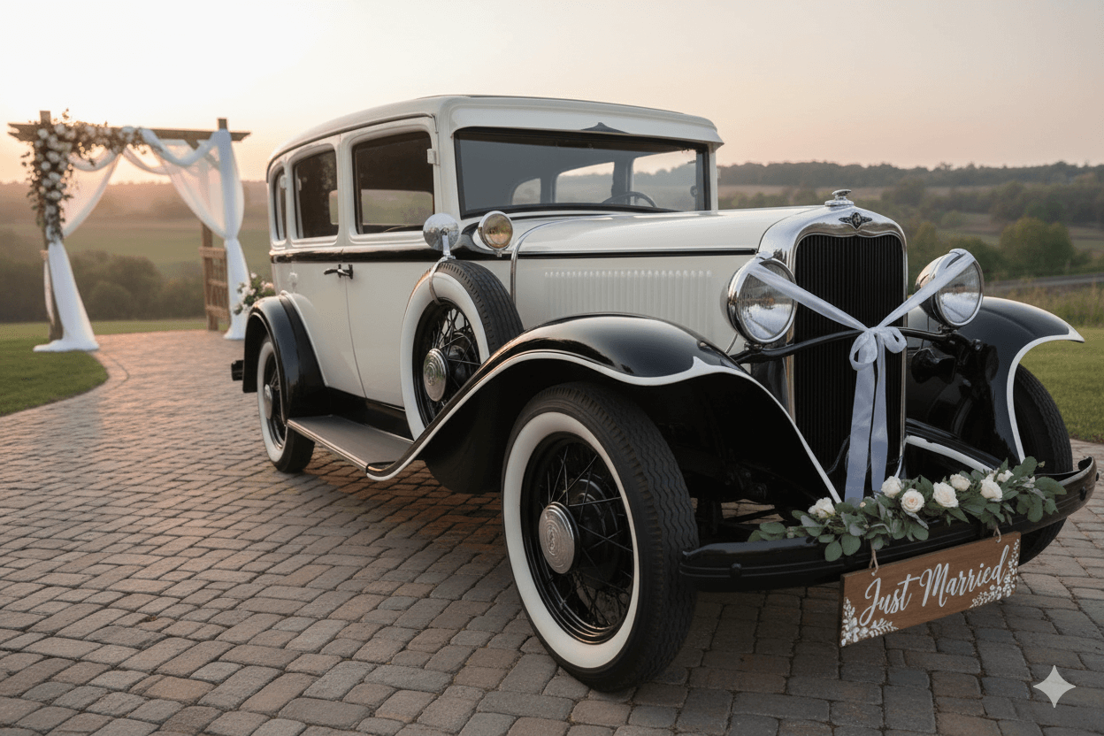 Just Married vintage Dodge limousine at sunset wedding venue Virginia — Classic Car Limousines
