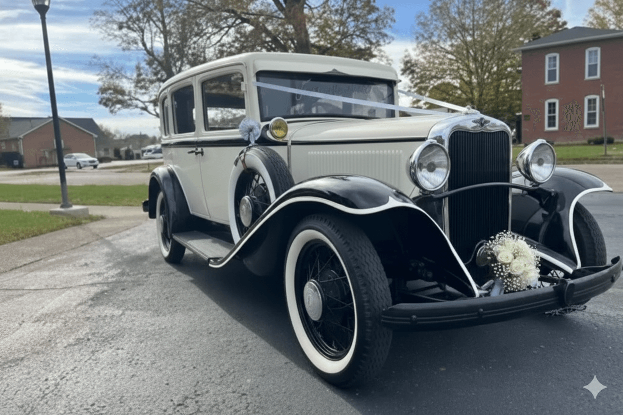 Vintage Dodge classic limousine decorated with white flowers front view Virginia