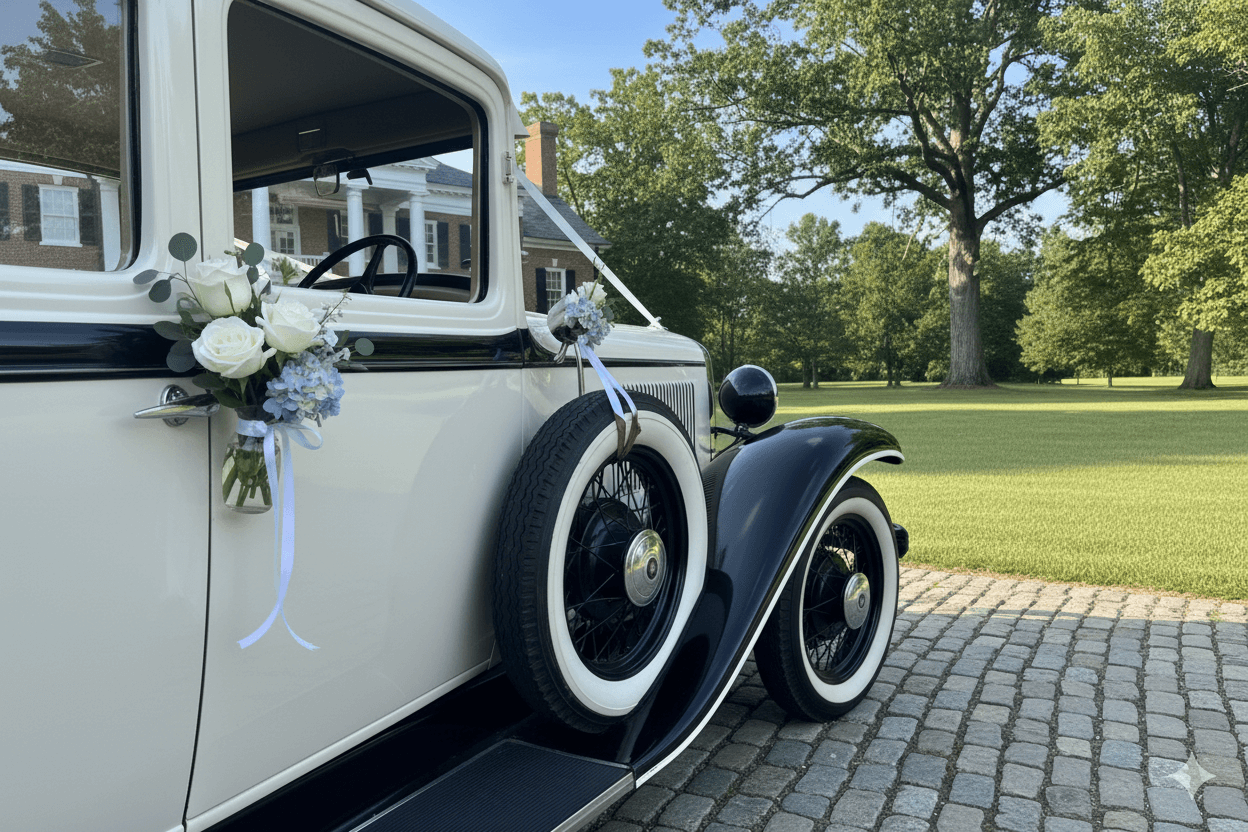 Vintage Dodge wedding car decorated with white floral ribbons at Virginia venue