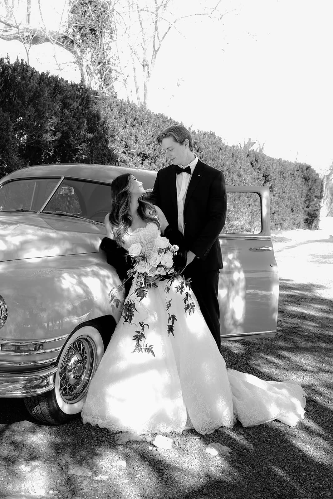 Wedding chauffeur Richmond VA — editorial black and white 1949 Packard portrait